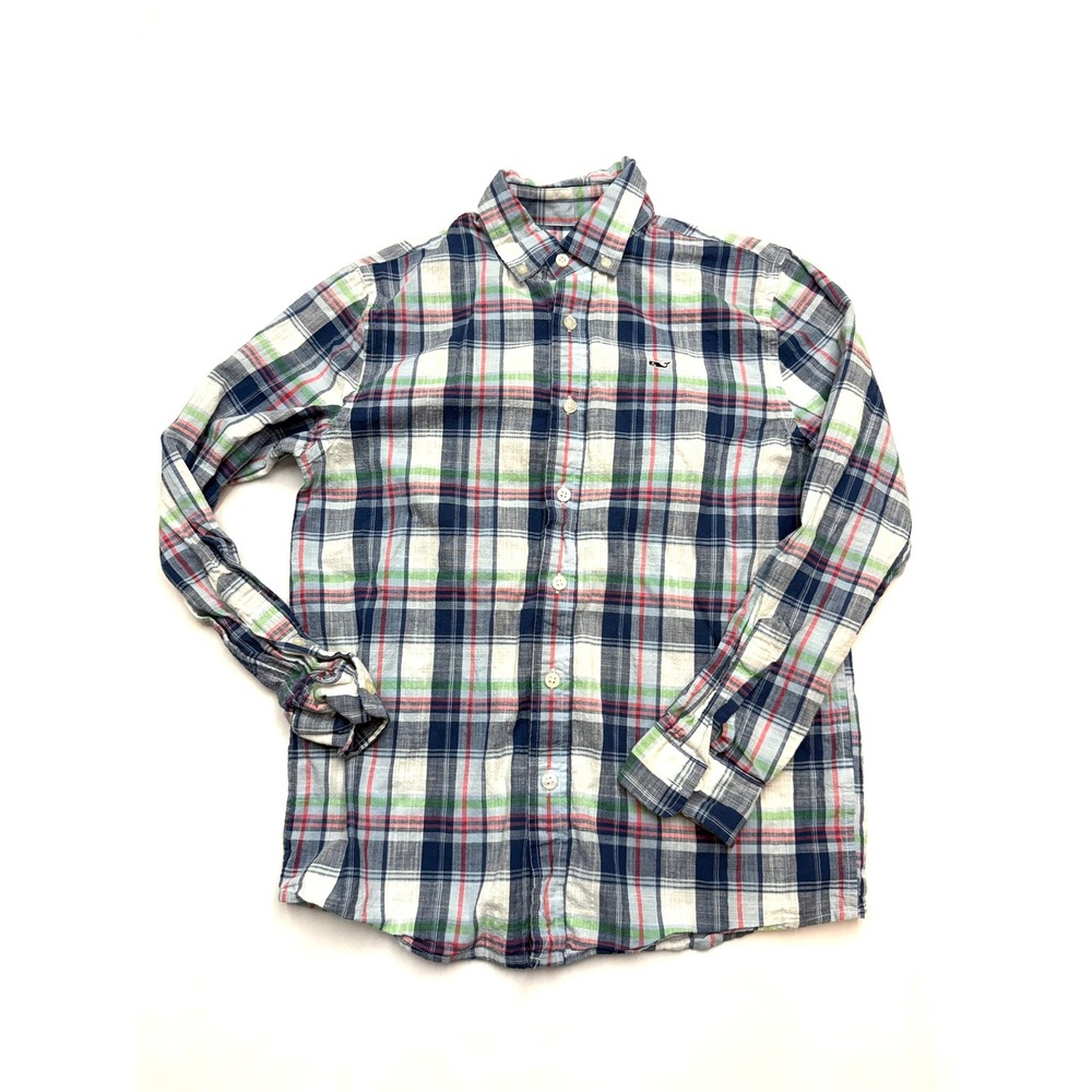 VINEYARD VINES Boys Medium 12-14 Blue Pink Plaid Long Sleeve Button Up Shirt
